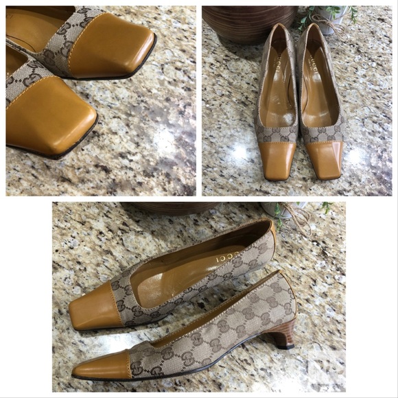 Gucci Mustard Leather Tan GG Canvas Square Toe Kitten Heels w/ Wooden Heels 7.5 - Picture 2 of 10